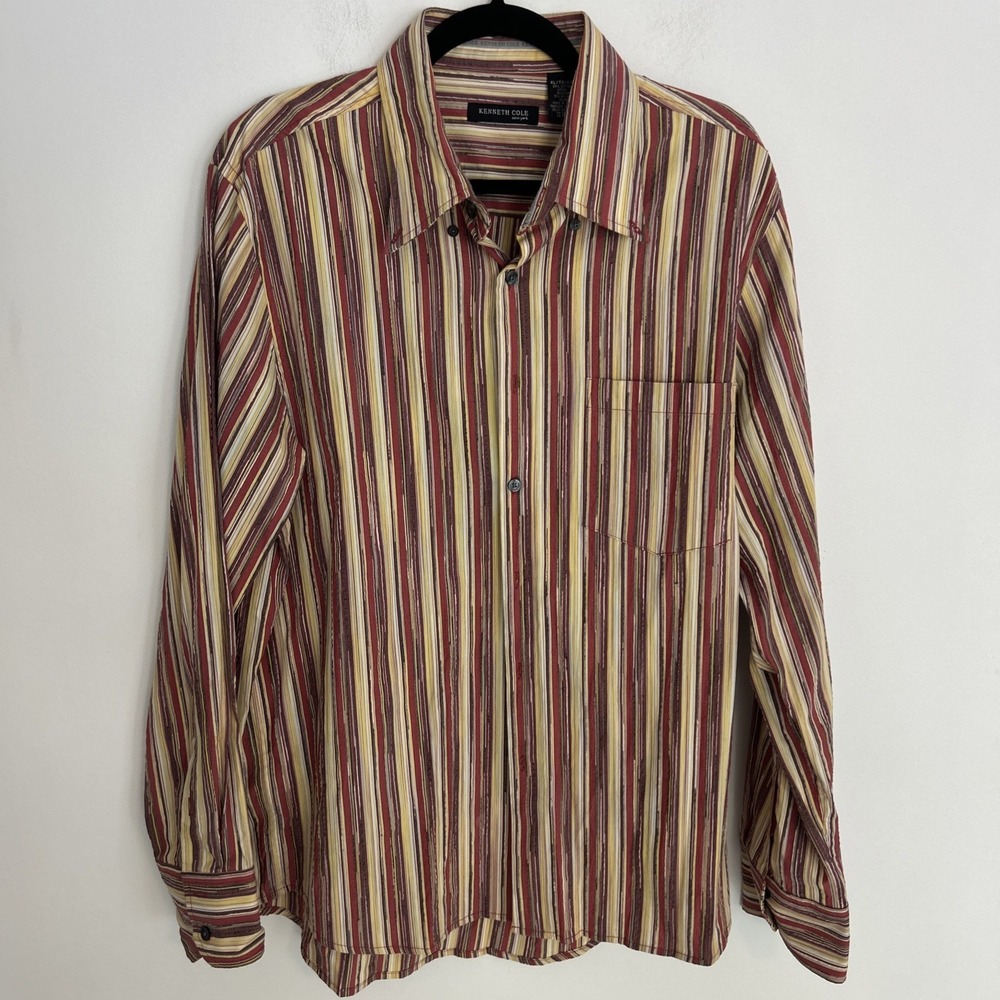 Kenneth Cole New York Mens Striped Button Down‎ Shirt XL TG EXG Red Yellow